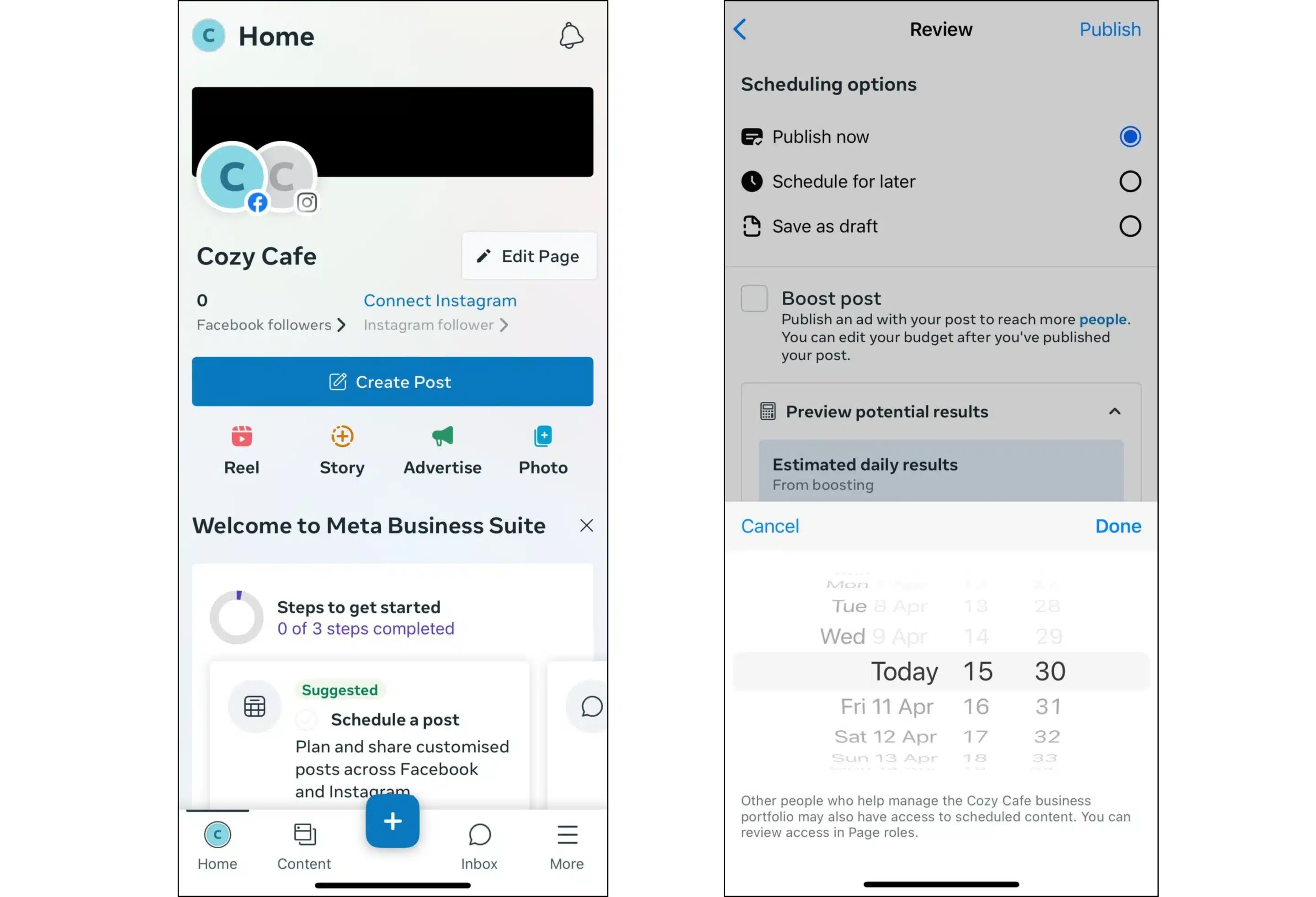 schedule post on meta business suite mobile app