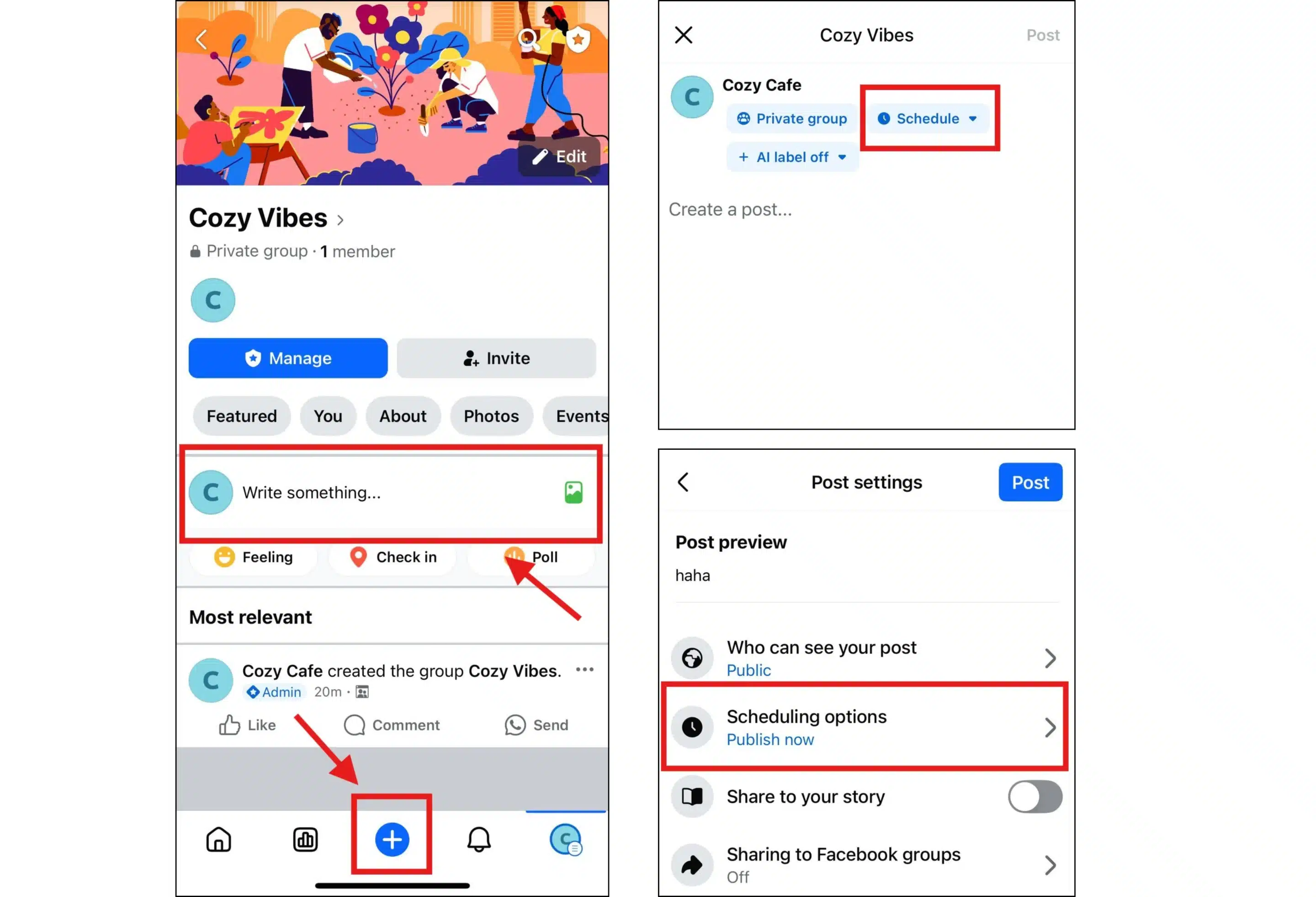 Schedule Facebook group post from Facebook app