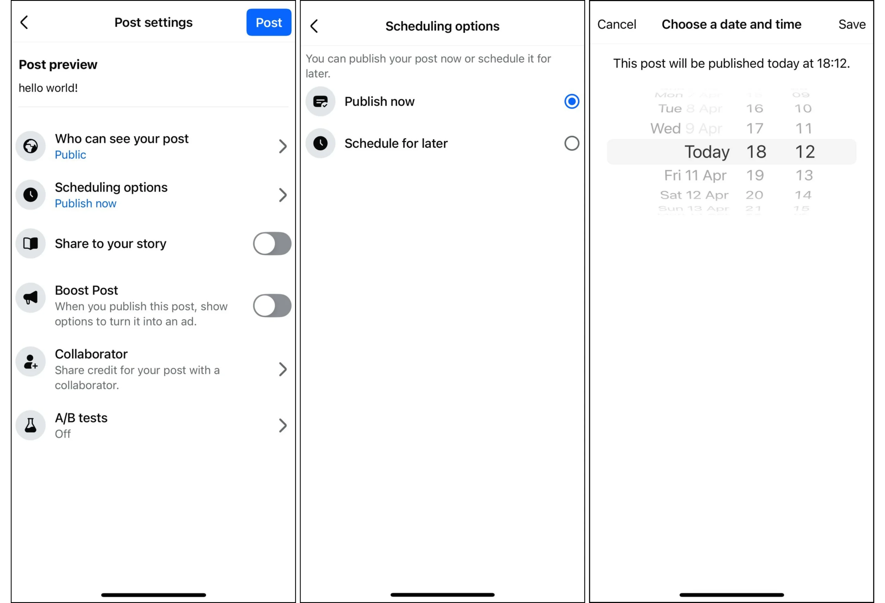 Schedule Facebook posts from Facebook app