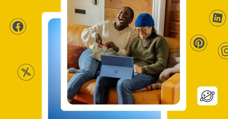 Two people sitting on a couch laughing while looking at a laptop, surrounded by social media platform icons including Facebook, X, LinkedIn, Pinterest, and Instagram, representing social media content creation and online collaboration.