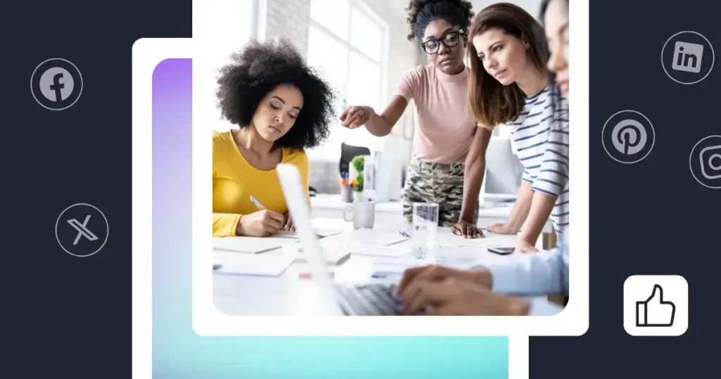 Team of professionals collaborating around a desk reviewing documents and a laptop, surrounded by social media platform icons representing content planning and approval workflows.