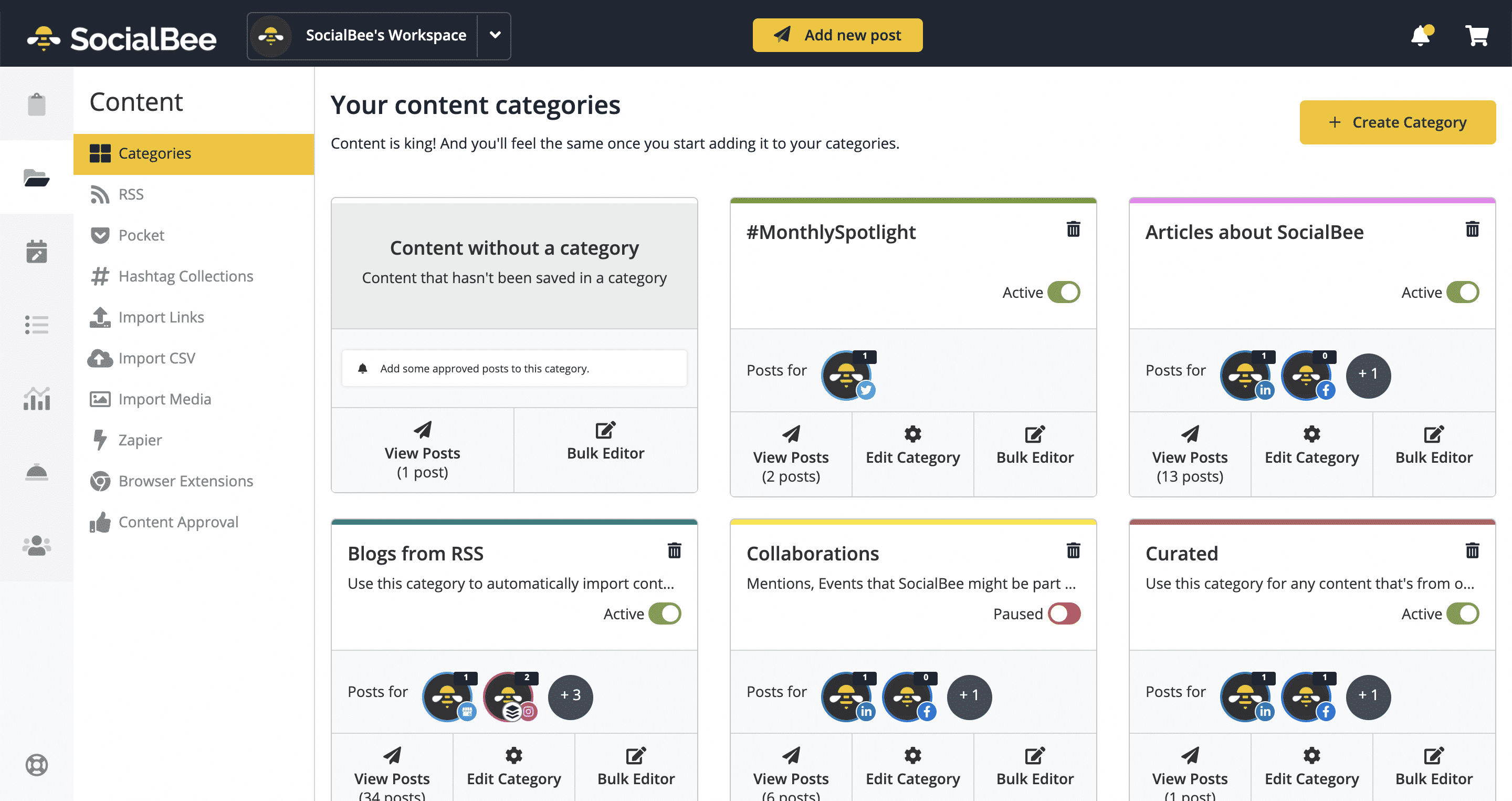SocialBee content categories