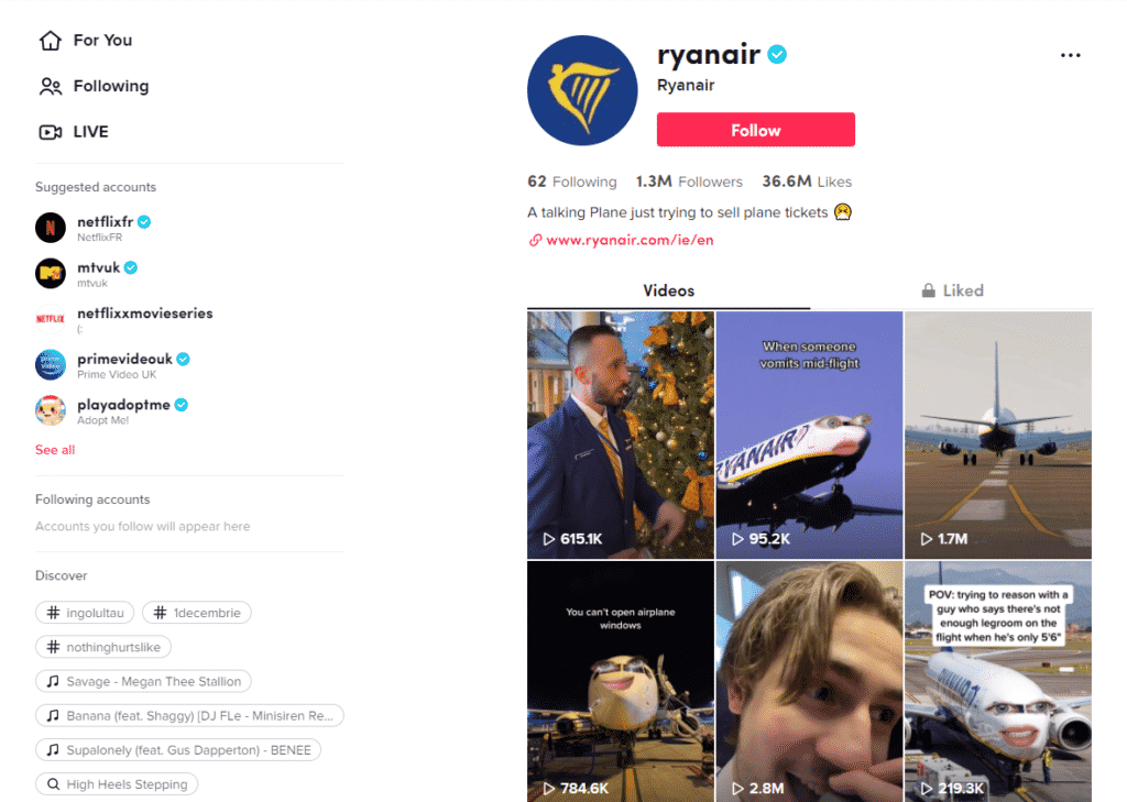 Ryanair TikTok account