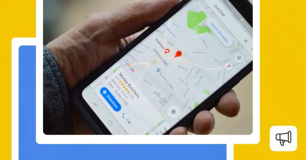 A person holding a smartphone displaying a Google Maps search for a butcher shop, highlighting a business listing with location pin, directions, and contact options, representing local SEO and visibility through Google Business Profile.