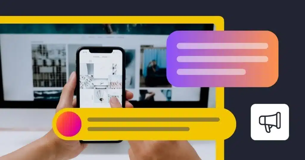 Illustration of Instagram content scheduling and social media management, showing a smartphone displaying an Instagram feed alongside message and caption icons used for planning and publishing social media posts.