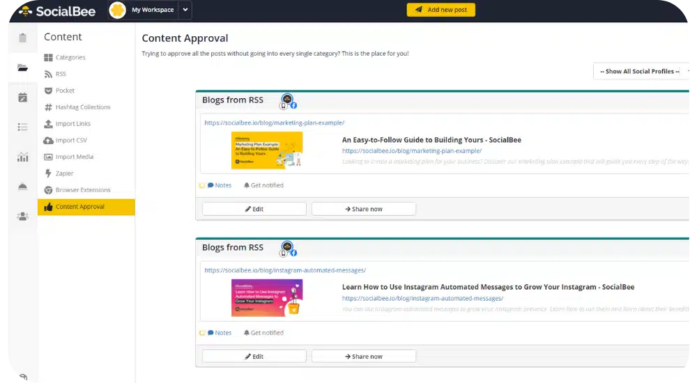 SocialBee content approval dashboard