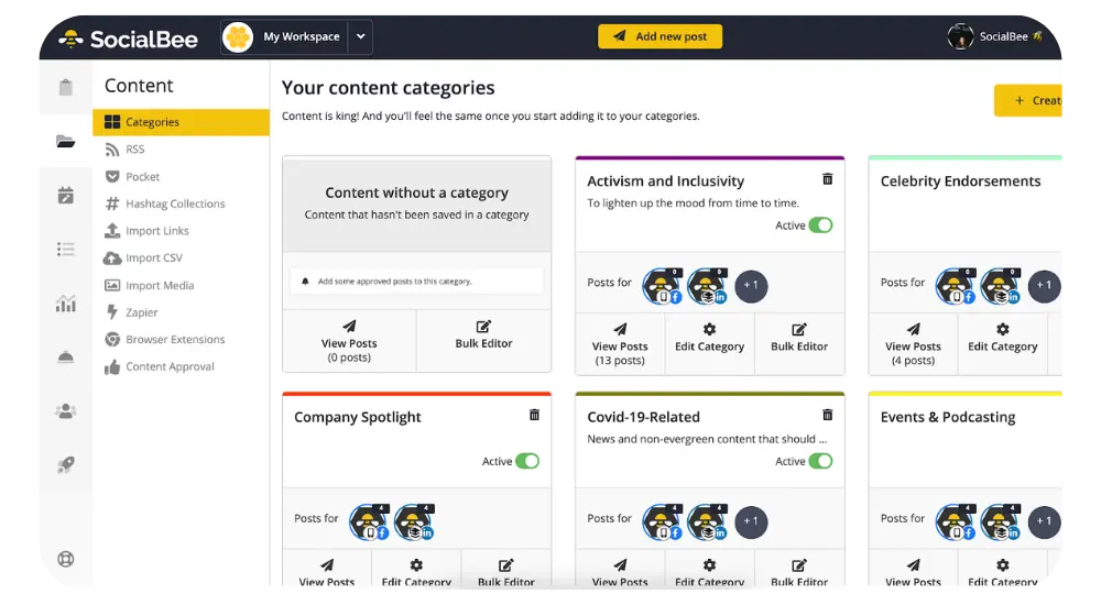 SocialBee content categories dashboard