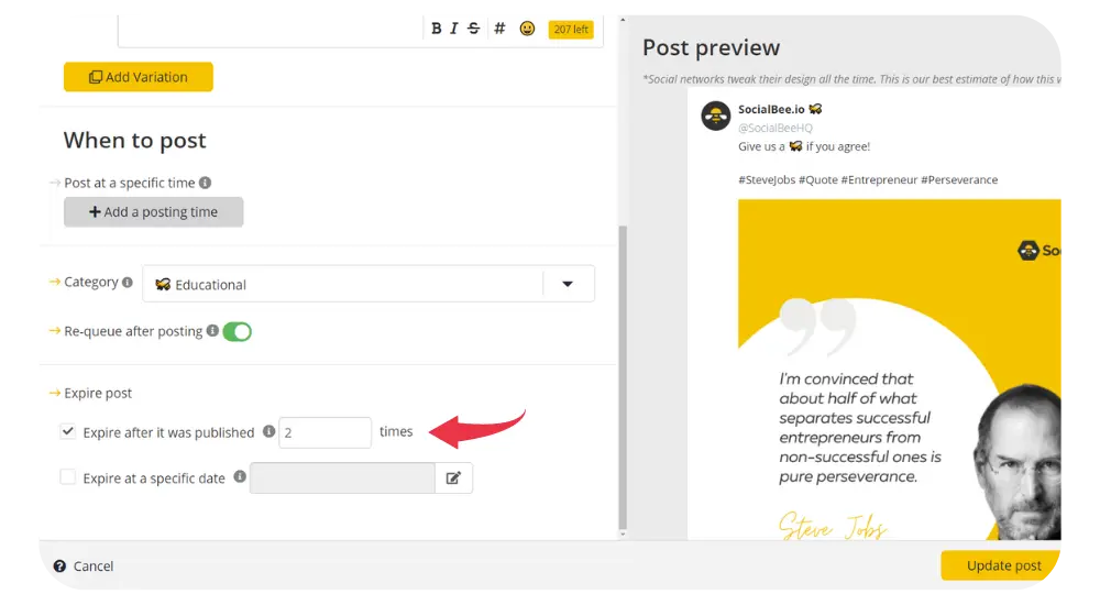 SocialBee expire posts after a multiple shares feature