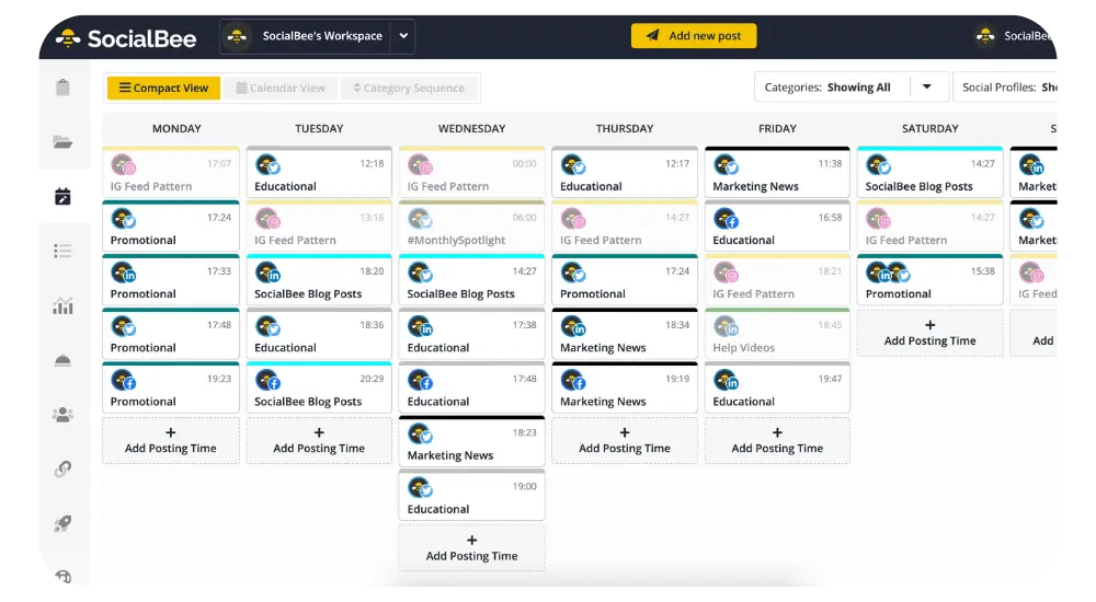 SocialBee's schedule setup dashboard - compact view