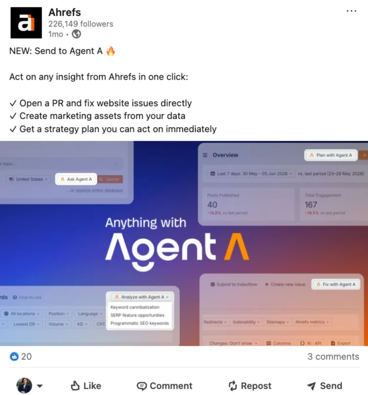 LinkedIn post from Ahrefs introducing Agent A, highlighting one-click SEO workflows such as fixing website issues, creating marketing assets, and generating strategy plans.