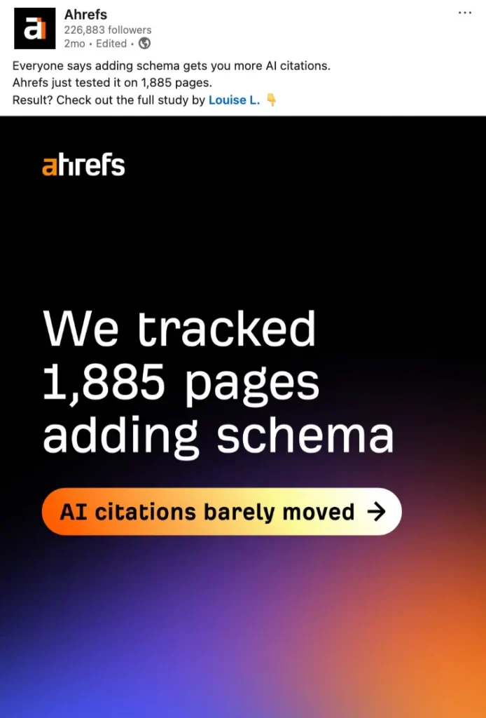 Ahrefs LinkedIn post sharing original research on AI citations, featuring a study of 1,885 pages and its key findings.