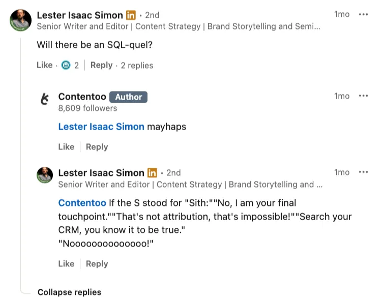 LinkedIn comment thread where Contentoo responds with humor, showing how the brand engages with its audience in the comments.