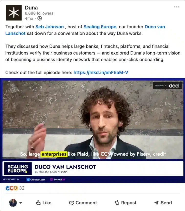 LinkedIn post promoting a video interview with Duna's founder discussing business identity verification and company vision.