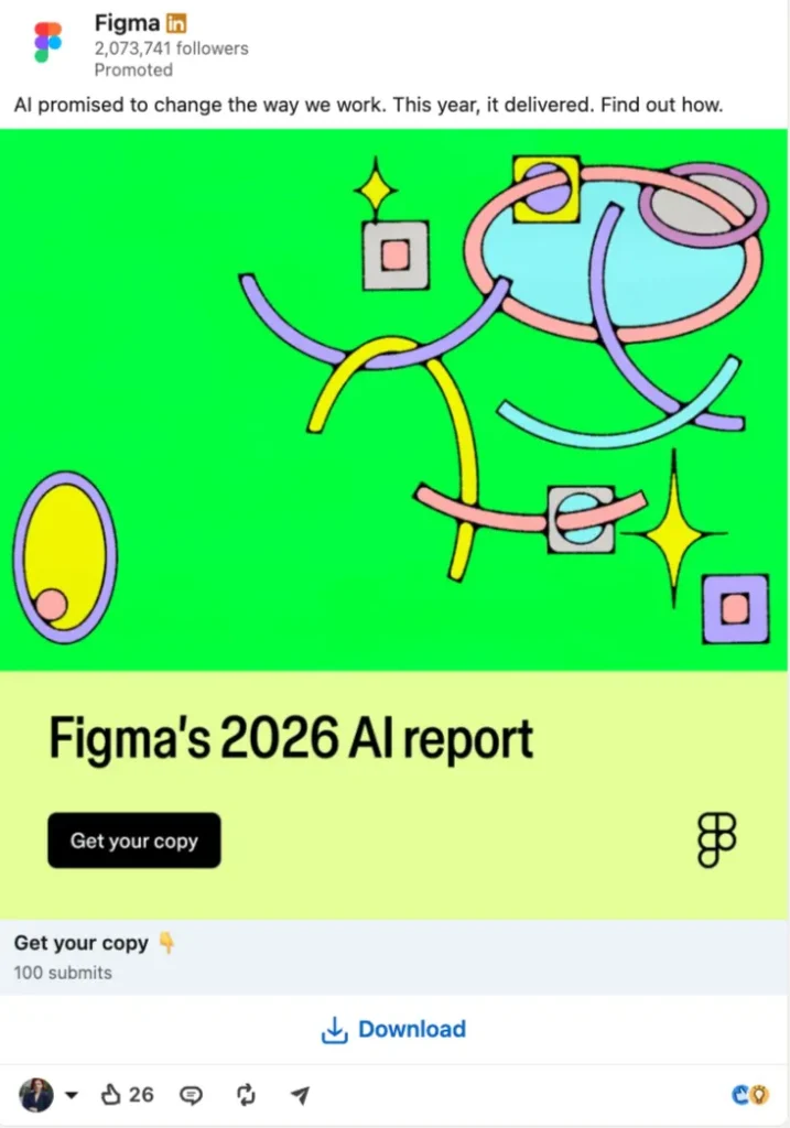 Sponsored LinkedIn ad from Figma promoting its 2026 AI Report with a colorful illustration and download CTA.