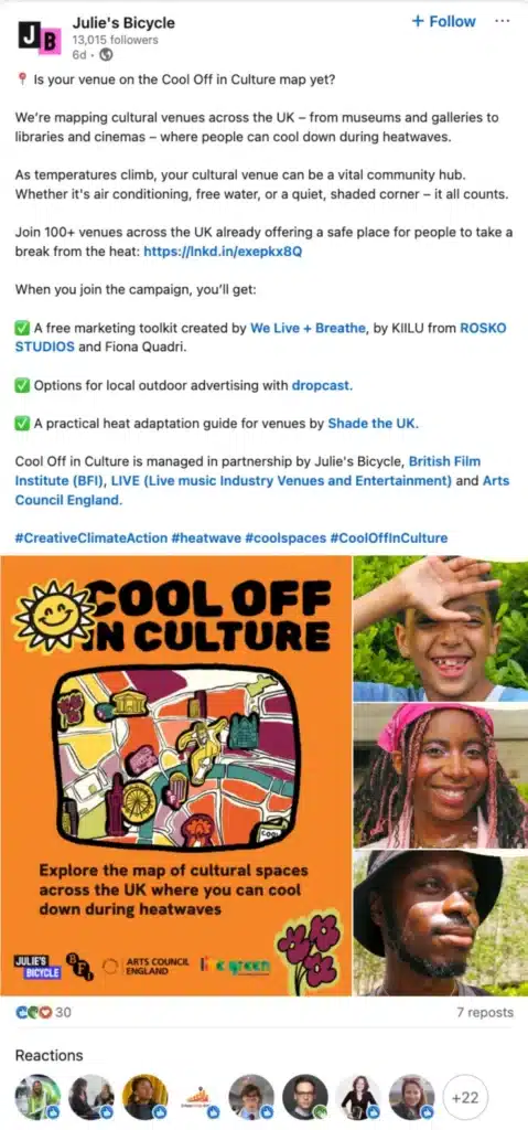 LinkedIn campaign encouraging UK cultural venues to join the Cool Off in Culture initiative, illustrated with campaign artwork and community photos.