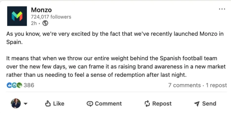 LinkedIn post from Monzo referencing the Spanish national football team to celebrate the company's recent expansion into Spain.