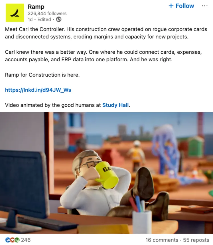 LinkedIn post from Ramp introducing "Carl the Controller" to illustrate how its software solves construction finance challenges.