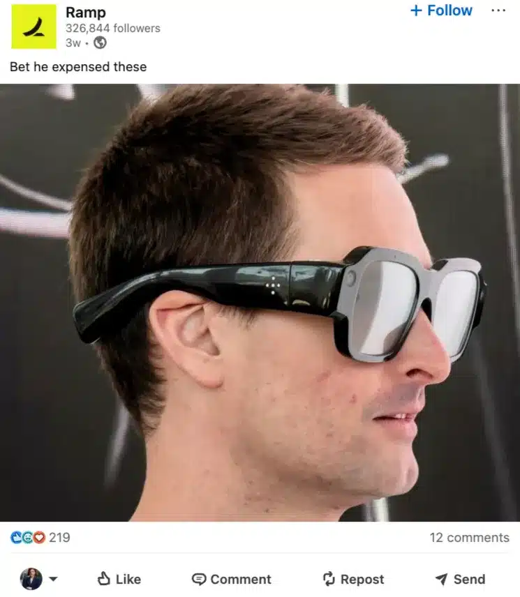 LinkedIn post from Ramp featuring smart glasses with a humorous caption to entertain its audience while staying on brand.