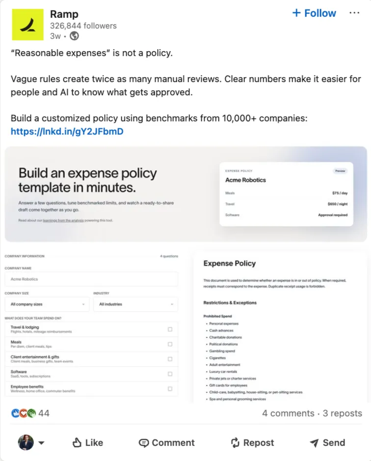 LinkedIn post promoting Ramp's expense policy builder by explaining the importance of clear expense policies before introducing the tool.