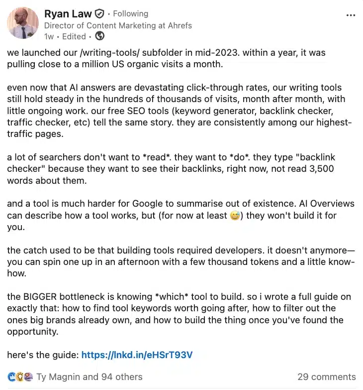 LinkedIn post by Ahrefs' Ryan Law sharing content marketing insights and linking to an educational guide, illustrating employee thought leadership.