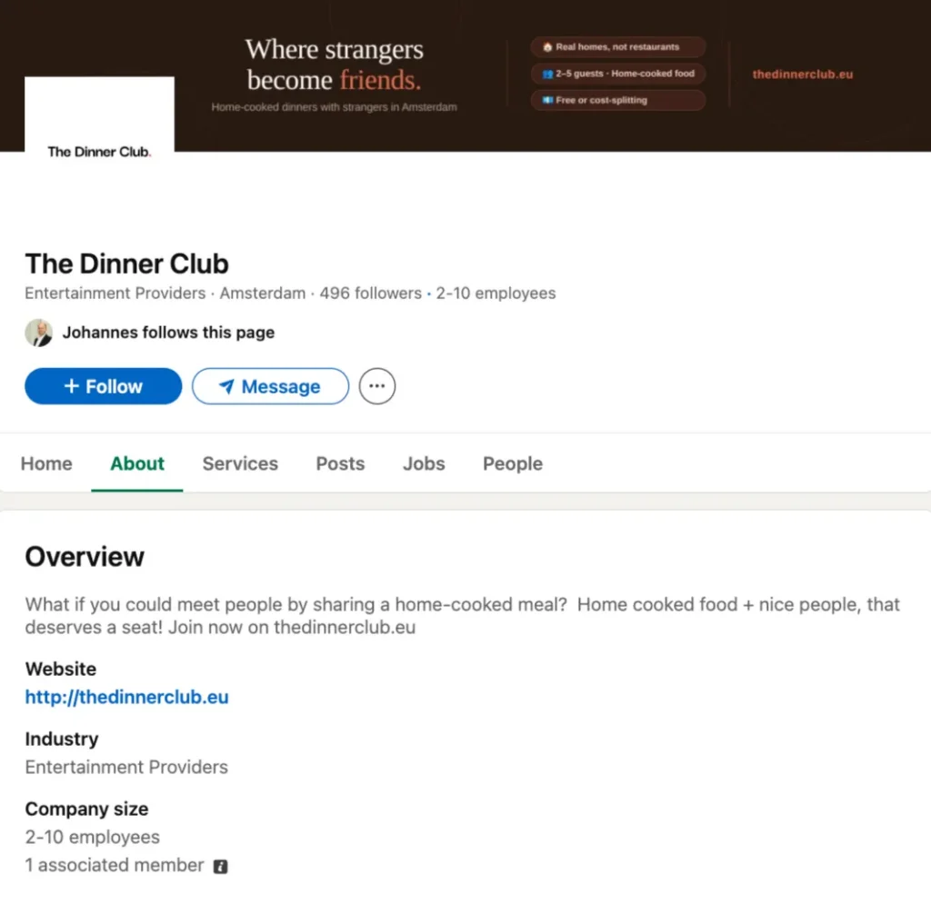 LinkedIn company profile for The Dinner Club featuring its banner, company overview, and website information.