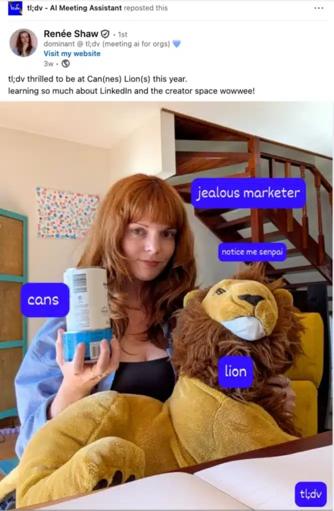 LinkedIn video post by a tl;dv employee sharing webinar advice, later reposted by the company page.