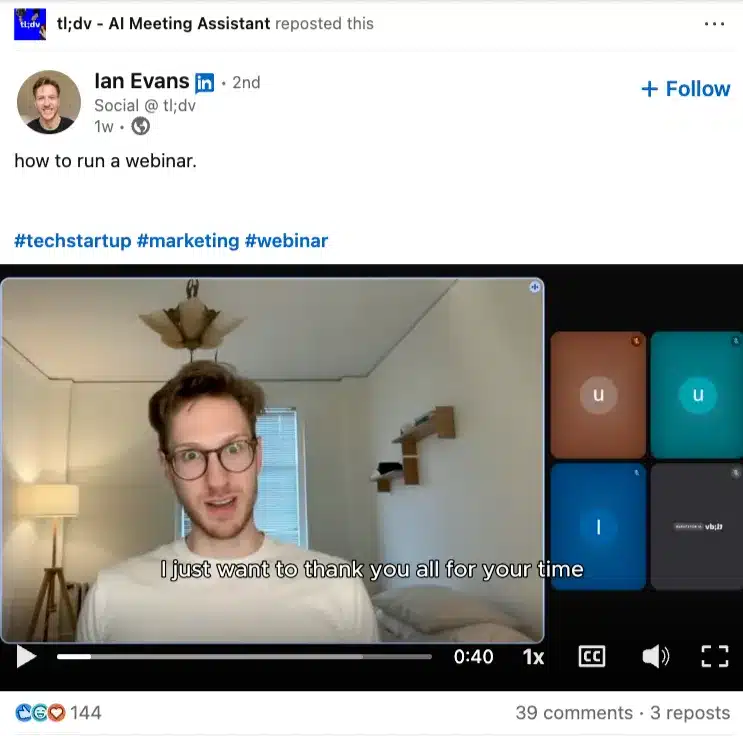Employee LinkedIn post reposted by tl;dv using a humorous Cannes-themed photo to showcase company culture.