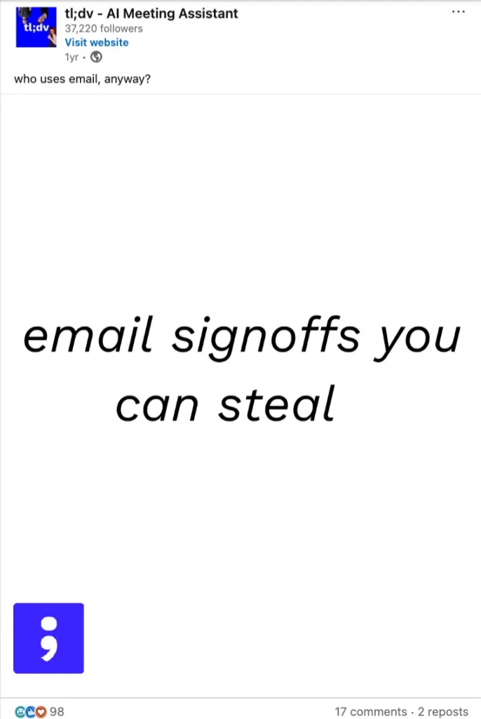 LinkedIn carousel from tl;dv titled "Email signoffs you can steal," sharing practical email writing tips.