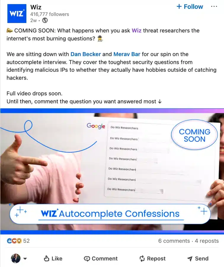 LinkedIn post teasing Wiz's "Autocomplete Confessions" video series, inviting followers to submit cybersecurity questions before the episode launches.