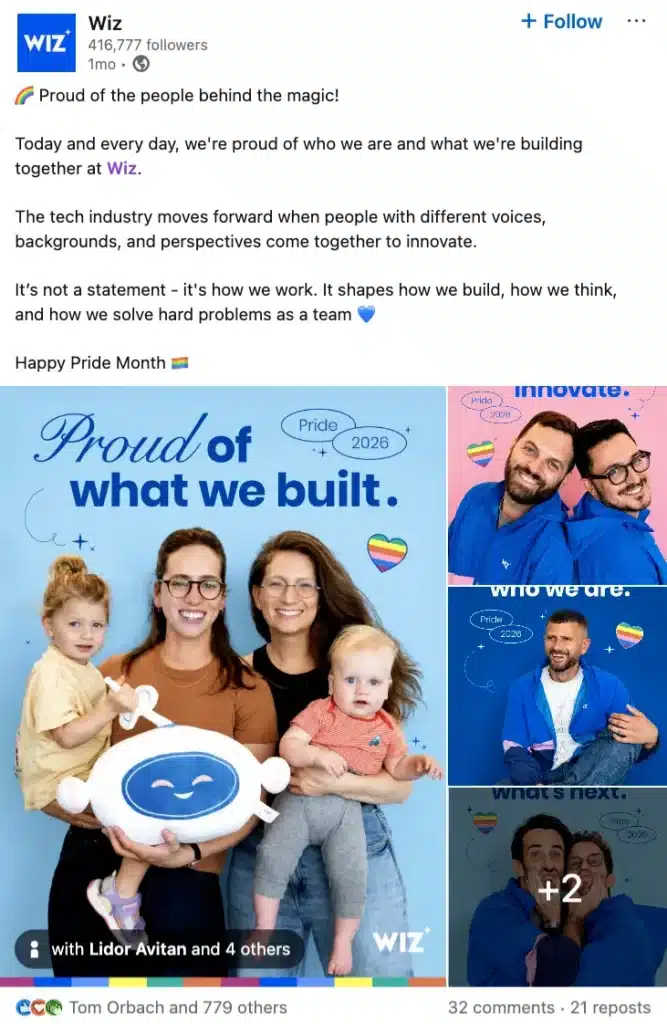 LinkedIn Pride Month post from Wiz celebrating employees and diversity with a collage of team members and a message about inclusion and innovation.