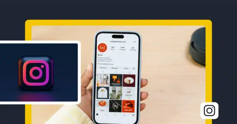 Person holding a smartphone displaying an Instagram business profile for homeware brand "Wares," with Instagram app icon overlay and minimalist background, representing social media marketing.