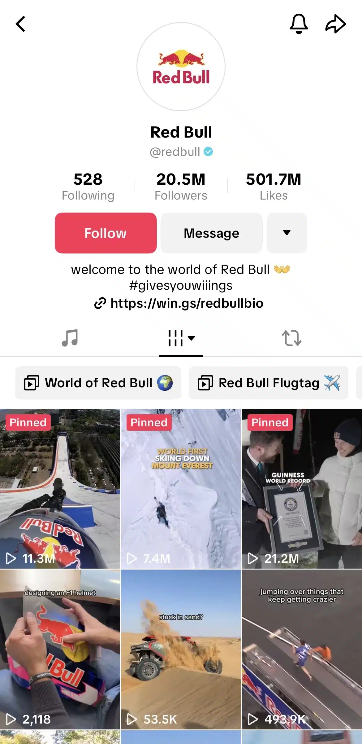 Red Bull’s TikTok profile showcasing extreme sports, stunts, and record-breaking moments, with pinned high-engagement videos and brand-led entertainment content.