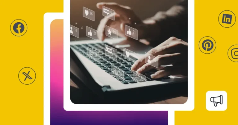 Hands typing on a laptop keyboard with floating social media engagement icons showing likes, comments, shares, and reactions, illustrating social media monitoring, engagement tracking, or a social media audit across multiple platforms.