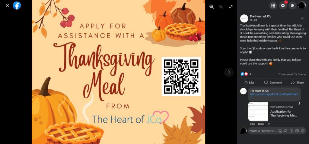 The Heart of JCo Thanksgiving Social Media Post Example
