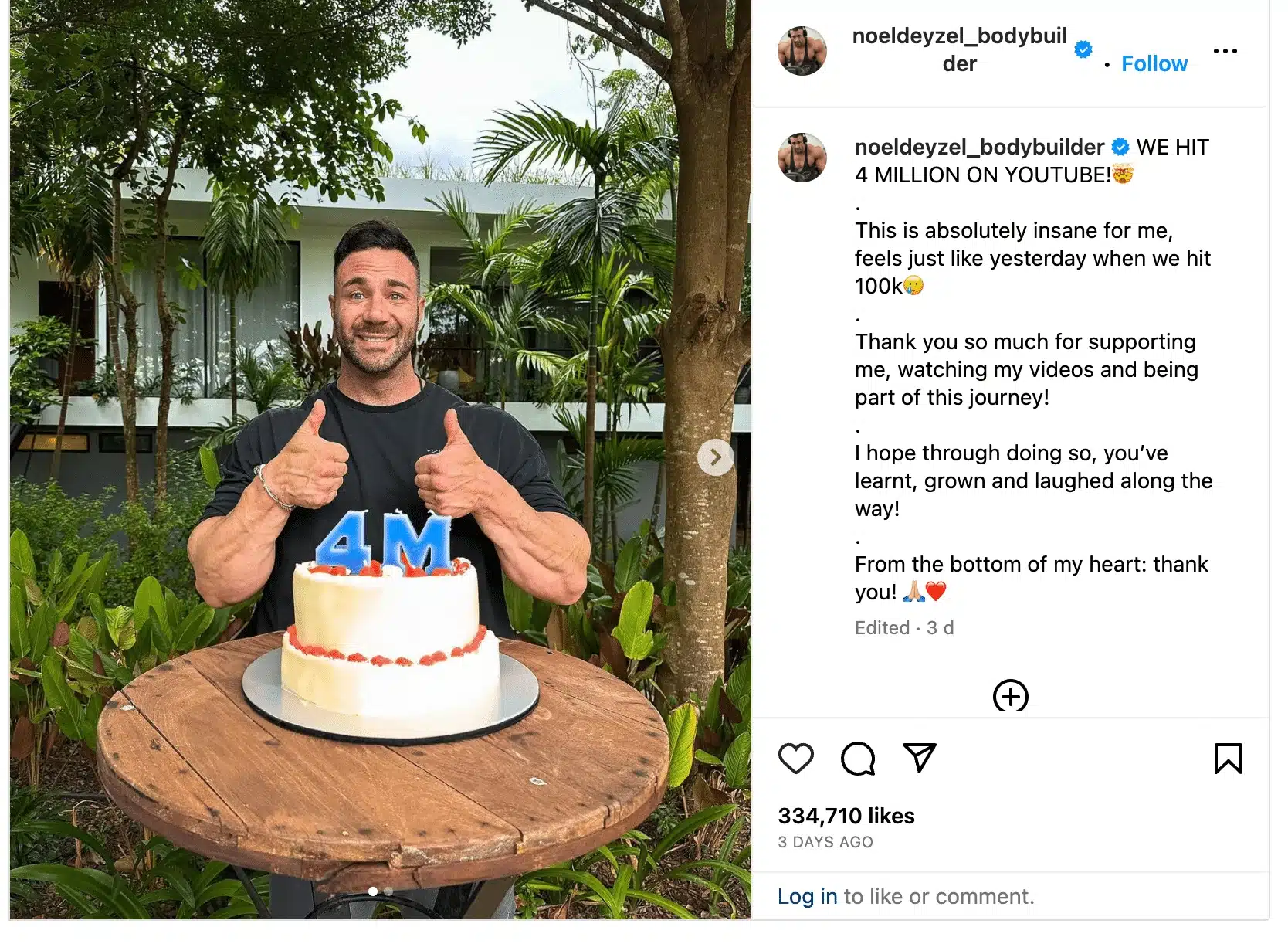 Muscular man outdoors giving two thumbs up behind a round cake topped with “4M” candles, celebrating a milestone, with tropical plants and a modern house in the background, shown within an Instagram post interface.