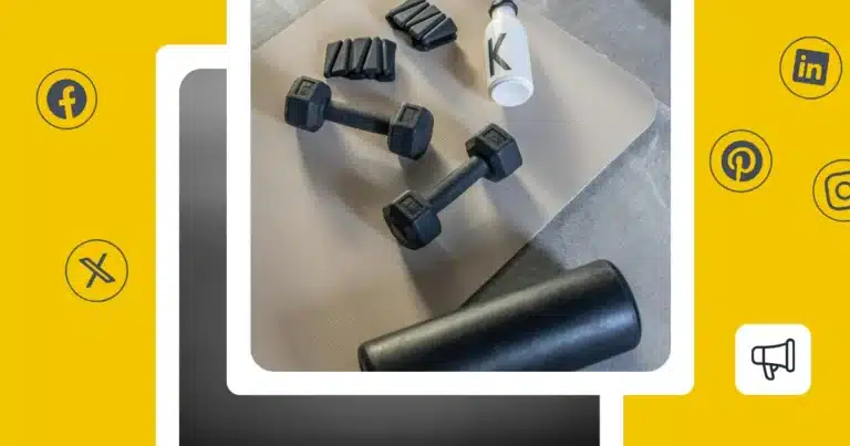 Flat lay of home workout equipment including two dumbbells, resistance bands, foam roller, yoga mat, and water bottle, framed by social media icons on a yellow background, representing fitness content for social media marketing.