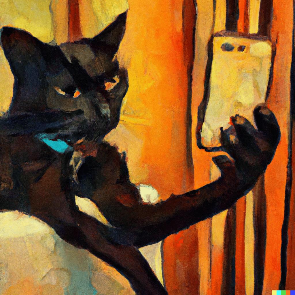 DALL-E 2022-11-04 10.59.49 - una pintura al óleo expresionista de un gato negro usando un smartphone al estilo de egon schiele