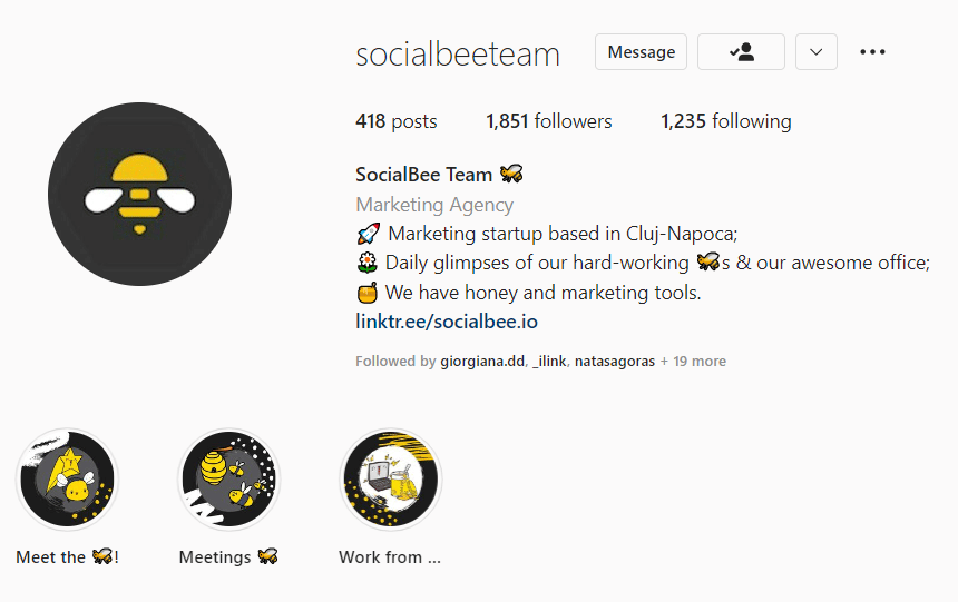 SocialBee Instagram account bio