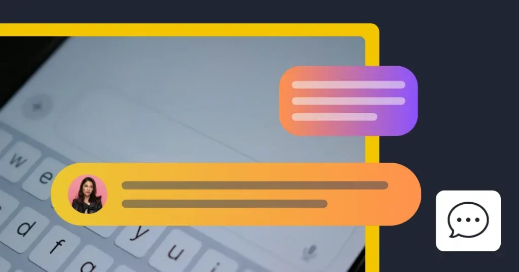 Illustration of online messaging, showing colorful chat bubbles over a blurred laptop keyboard and a chat icon.