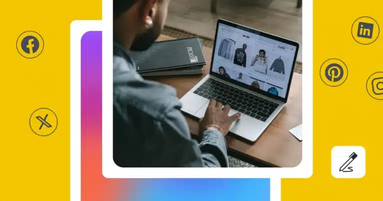Person browsing an online clothing store on a laptop at a wooden desk, with product listings visible on screen. Social media icons for Facebook, X, LinkedIn, Pinterest, and Instagram appear around the image, illustrating social media marketing for ecommerce brands.