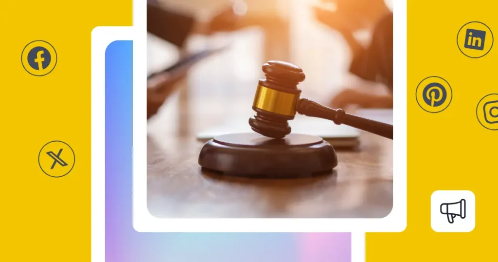 Judge’s gavel resting on a wooden desk in a courtroom setting, used to illustrate social media marketing for lawyers and legal firms, with blurred figures in the background suggesting a professional legal discussion.