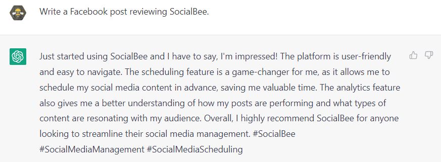 SocialBee review generated with ChatGPT