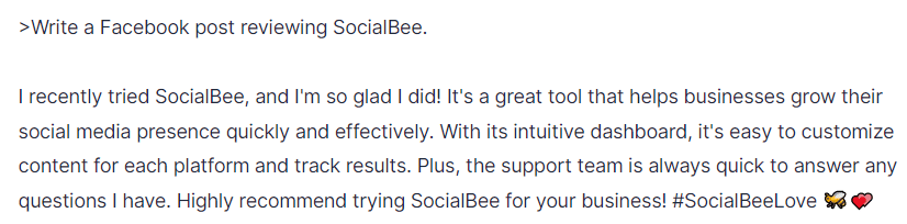 SocialBee review generated with Jasper.ai