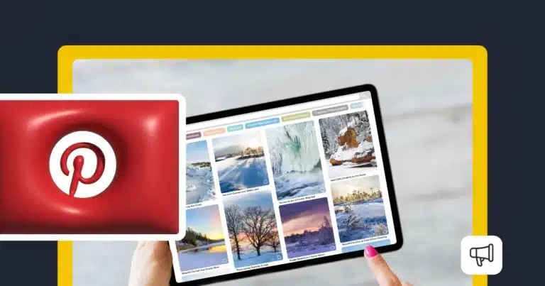 Person holding a tablet displaying a Pinterest-style grid of winter landscape pins, shown alongside a large Pinterest logo to represent Pinterest marketing and content discovery.
