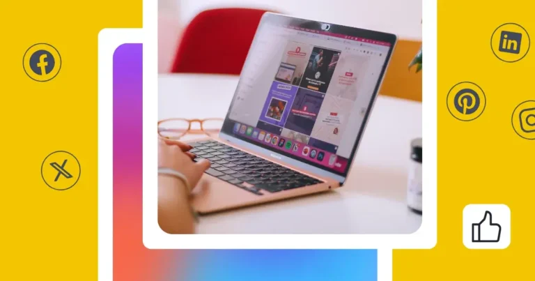 Illustration featuring a laptop displaying a social media content calendar, framed by bright yellow and gradient blocks, with floating social media icons for Facebook, X, LinkedIn, Pinterest, Instagram, and a like button.