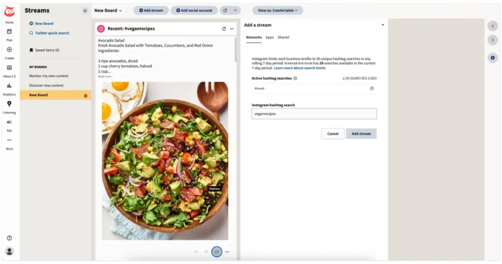 Hootsuite streams for Instagram content