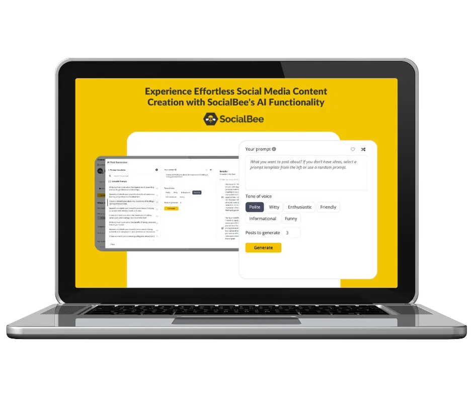 SocialBee's AI post generator laptop visual