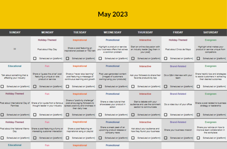 Calendario de contenidos en redes sociales de SocialBee con plantillas y ejemplos de publicaciones