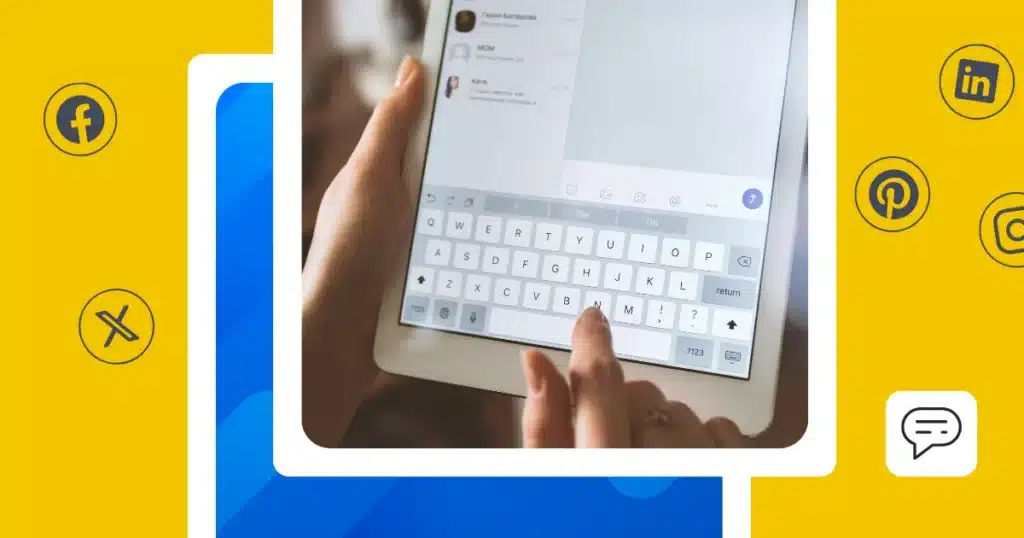 Person using a tablet to manage messages, surrounded by Facebook, X, LinkedIn, Pinterest, and Instagram icons.