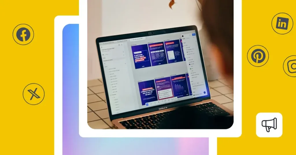 Person using a laptop to manage and repurpose social media content, with multiple post previews visible on screen and platform icons like Facebook, LinkedIn, Pinterest, and X surrounding the image.